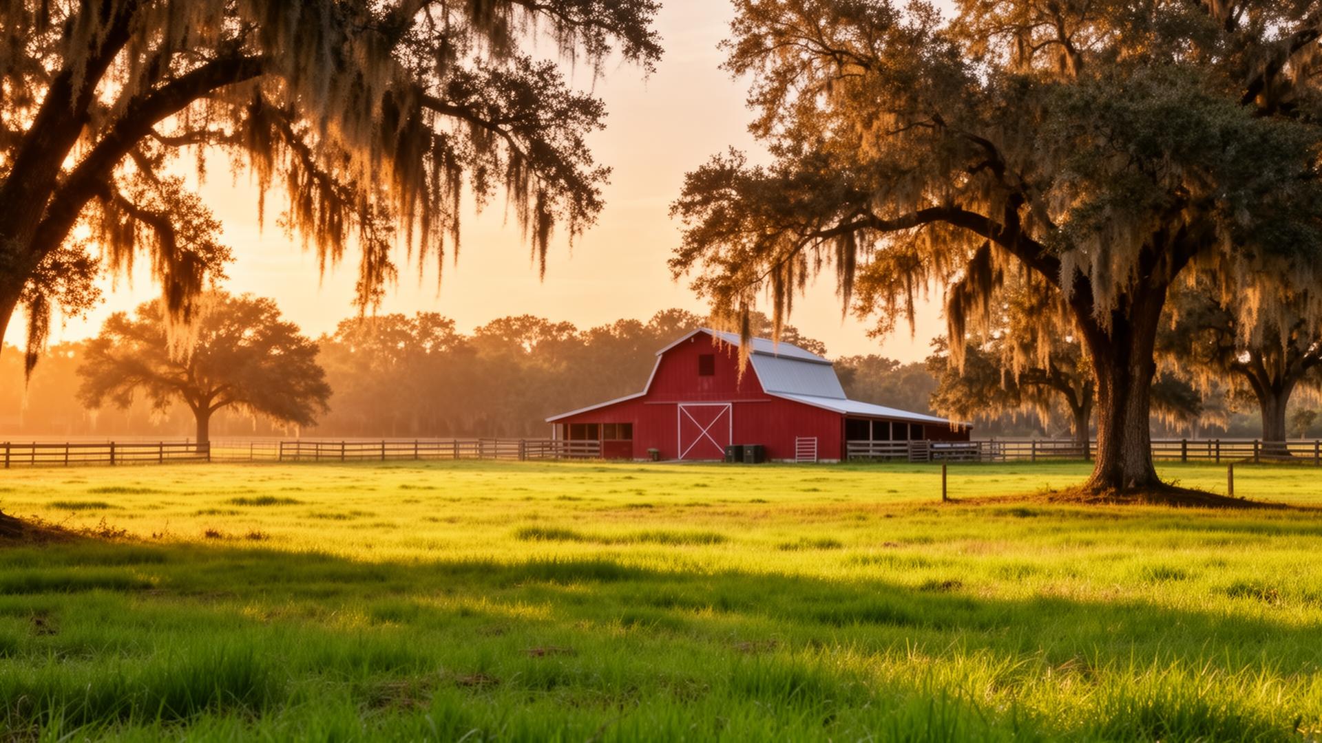 BOK Farms — green pastures and red barn at golden hour in Bushnell, Florida